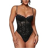 SweatyRocks Women's Sheer Lace Spaghetti Strap Underwire Bodysuit Corset Tops Sexy Skinny Leotard