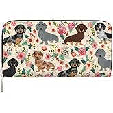 TREJUKY Dachshund Sausage Dogs Pink Flowers Print Wallet for Men Women Elegant Long Clutch Zip Around Travel Leather Coin Purse Large Capacity Credit Card Holder Handbag