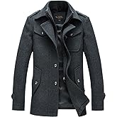 chouyatou Men's Stand Collar Wool-Blend Classic Pea Coat with Removable Inner Collar