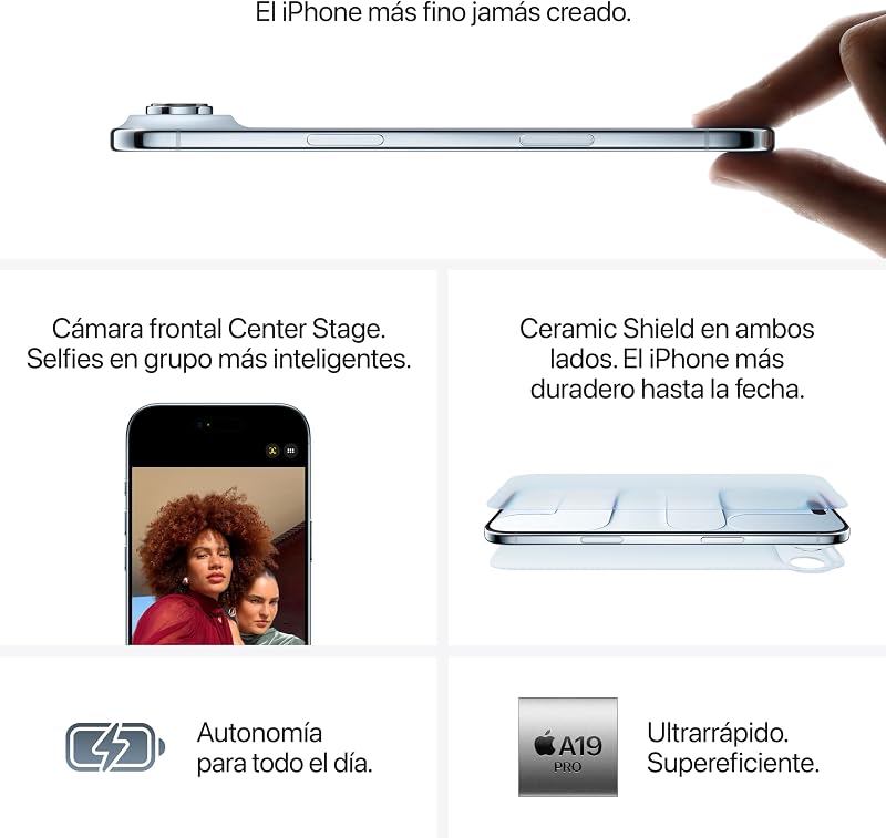 iPhone Air de 1 TB: El iPhone más Fino jamás Creado, Pantalla de 6,5 Pulgadas con Promotion hasta 120 Hz, Chip A19 Pro, cámara Frontal Center Stage, autonomía para el día Entero; Azul Cielo