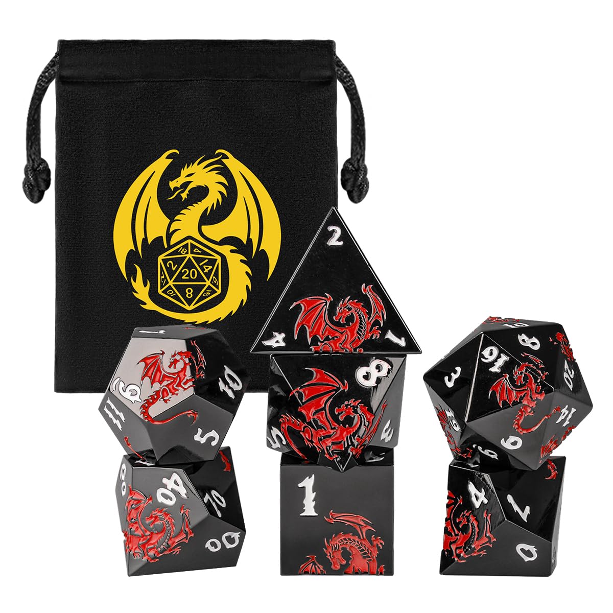 Metal Dice Set, Flat Face Black Red Dragon Pattern, 7pcs Polyhedral Metal DND Dice Set, DND Starter Set, D&D Gifts with Gift Bag, Role Playing Board Games Accessories, Black β image 1