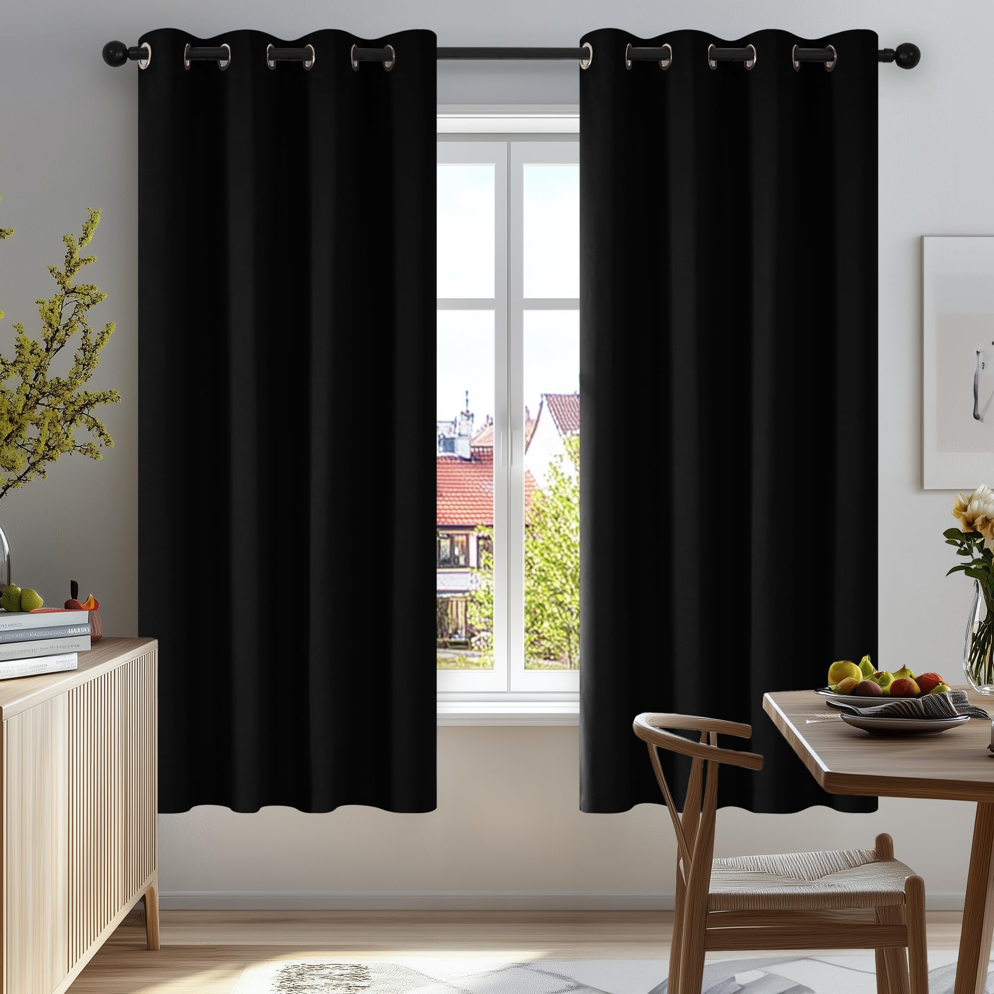 Deconovo Thermal Insulated Blackout Curtains, Anti-Cold, Modern Design with Eyelets, Curtains for Living Room and Bedroom, 132 x 114 cm (Width x Height), Black, 2 Pieces