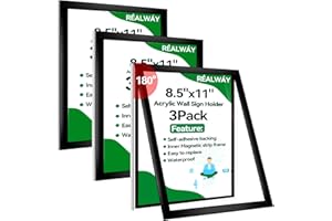 RÉΑLWÁY 8.5" x 11" Acrylic Sign Holder Wall Mount, Plastic Magnetic Display Frame with Tape,Clear Plexiglass Self-Adhesive Plastic Display Frame, Door/Window Sign Holder 3 Pack No Drilling