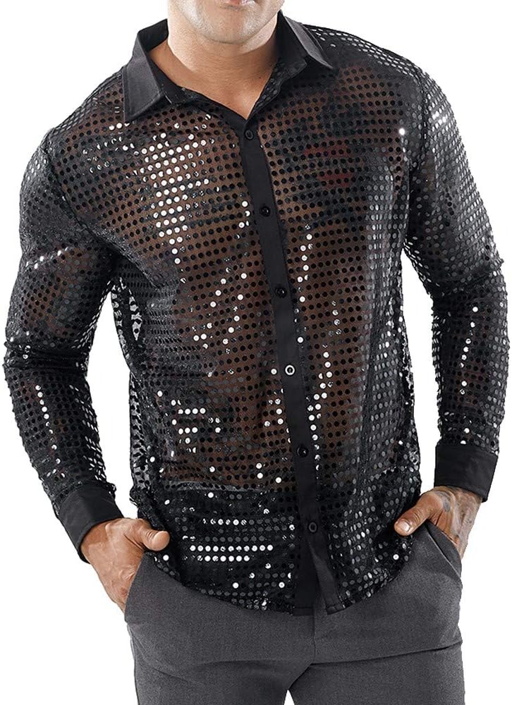 TUDUZ New Men's Autumn Casual Button Down Shirts Wedding Party Night Club Slim Fit Long Sleeve Dress Shirt Sequins Bling Hollow Shirt Top Blouse
