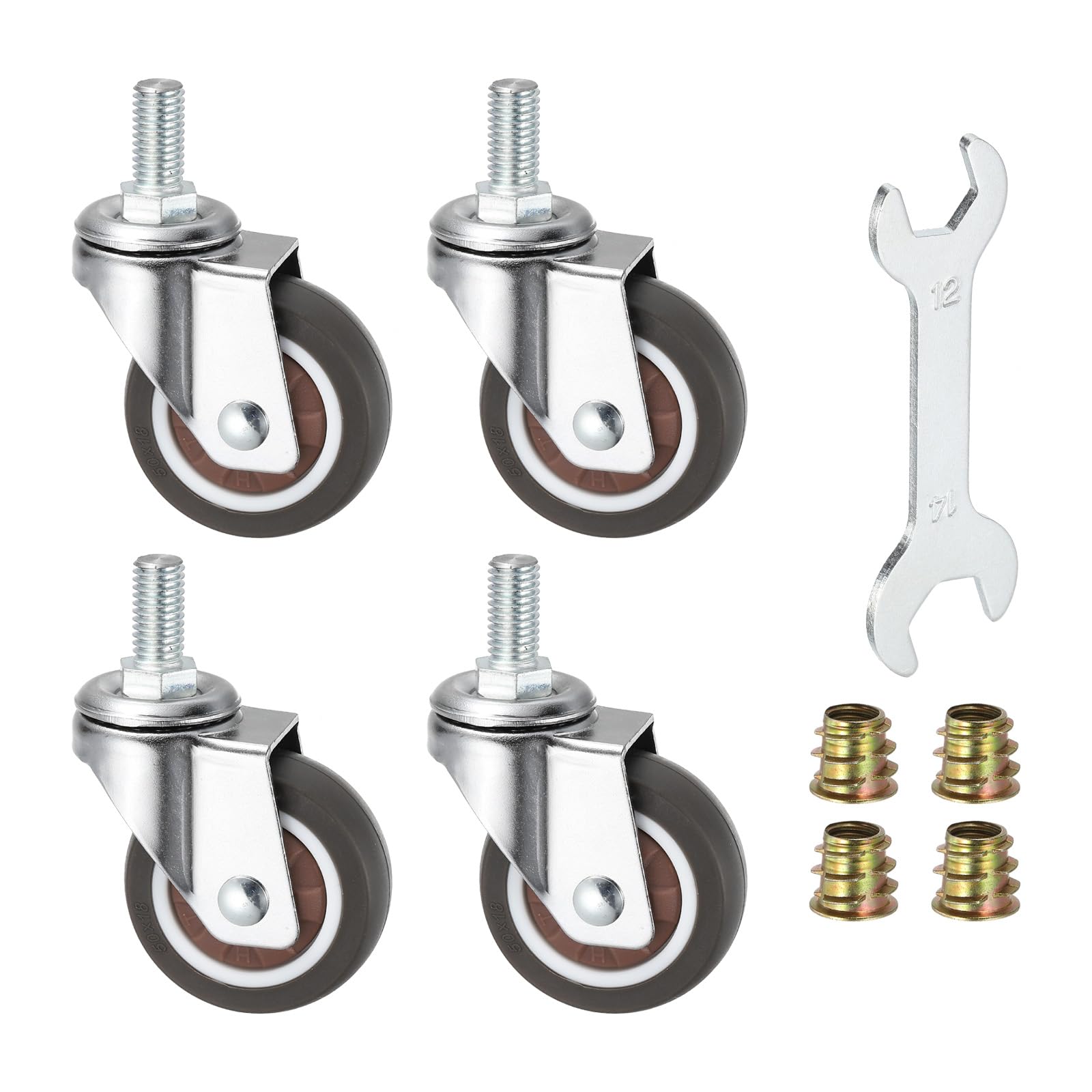 PATIKIL 2 Inch Swivel Caster Wheels, 4Pcs M10x20mm Threaded Stem Casters Load Capacity 264 Lbs with Tool Set for Furniture Trolley Cart, Brown