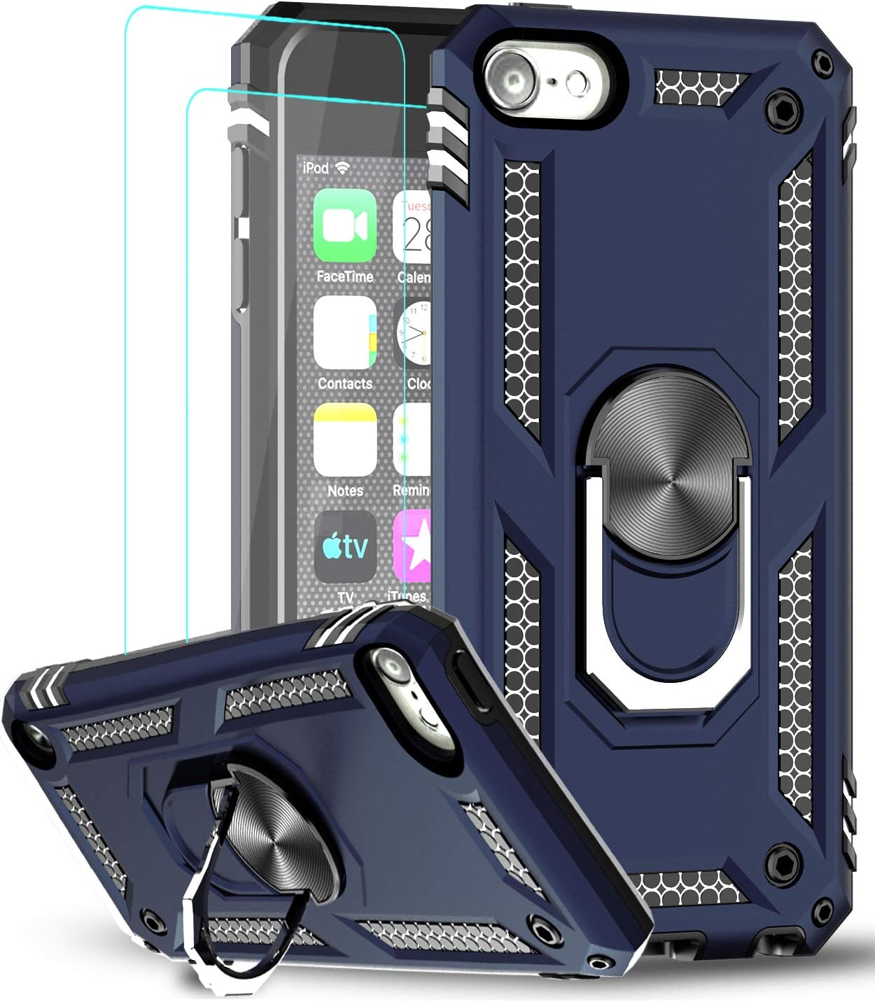 LeYifor iPod Touch 6th Generation Case, iPod Touch 7th Generation Case with [2Pack] Tempered Glass Screen Protector, Military Grade Phone Case with Ring Kickstand for Apple iPod Touch 7/6/5?Blue