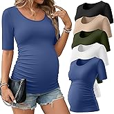 Sweetyweee 5 Pack Women's Maternity Shirts, Scoop Neck Maternity Top Casual Half Sleeve Tee Side Ruched Pregnancy Clothes