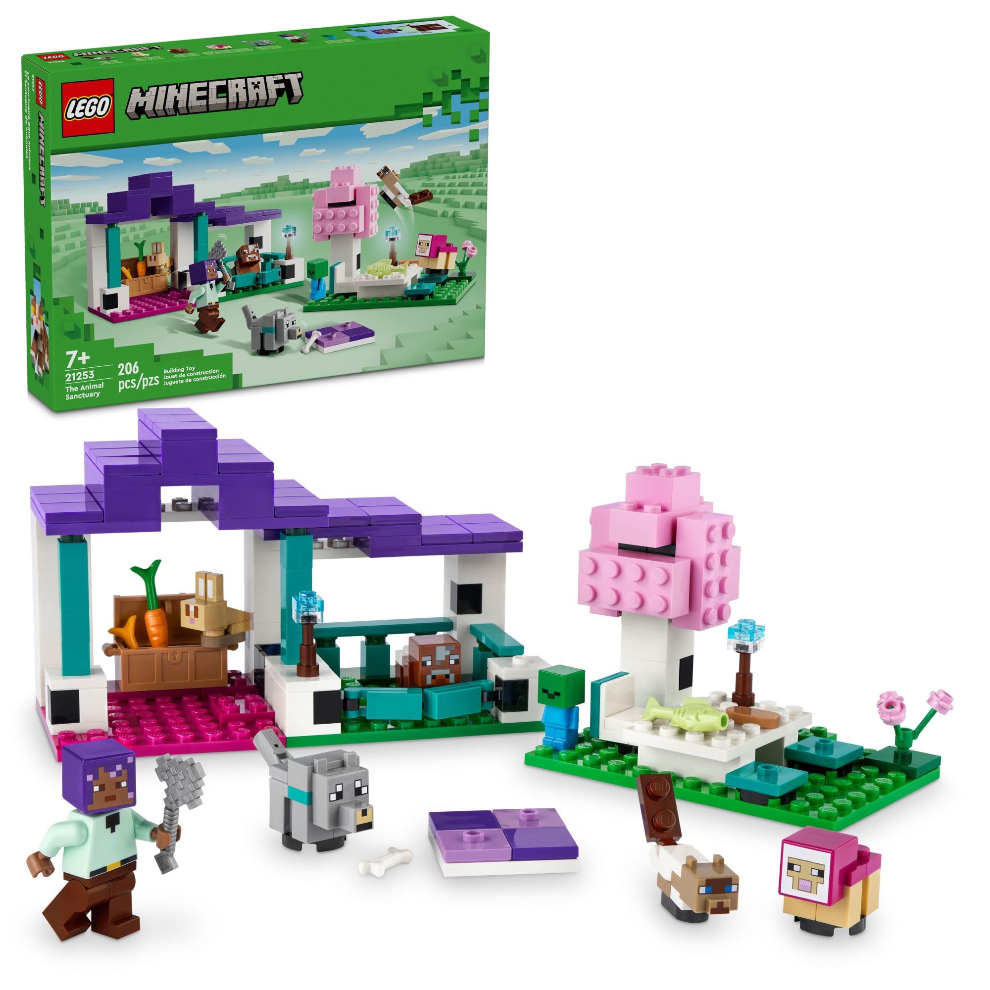 LEGO Minecraft The Animal Sanctuary Set de construcción, juguete para juegos para niñas y niños a partir de 7 años, regalo para jugadores y niños, modelo de ladrillo del bioma de las llanuras con figuras populares de Minecraft, 21253