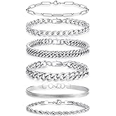 DUQGUHO 6Pcs Stainless Steel Bracelets for Men Cuban Link Rope Paperclip Chain Bracelets Set 7.5/8.3/9 inches Mens Silver Bracelet Jewelry