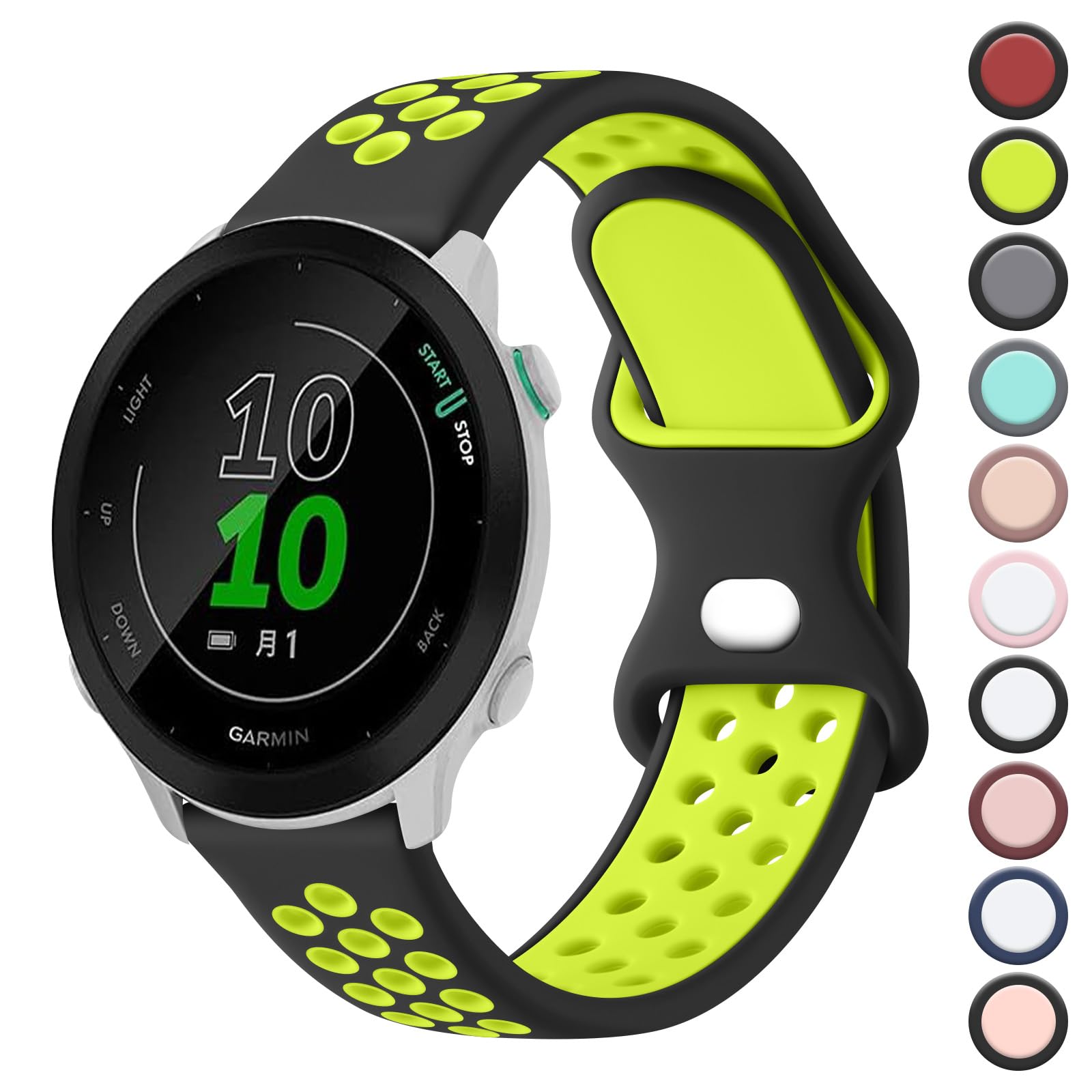 Double Colour Strap for Garmin Forefunner 55 Watch Strap/245 Strap/645 Strap, 20mm Adjustable Soft Silicone Replacement Strap for Forerunner 55/245/645 Music(Black/Green)