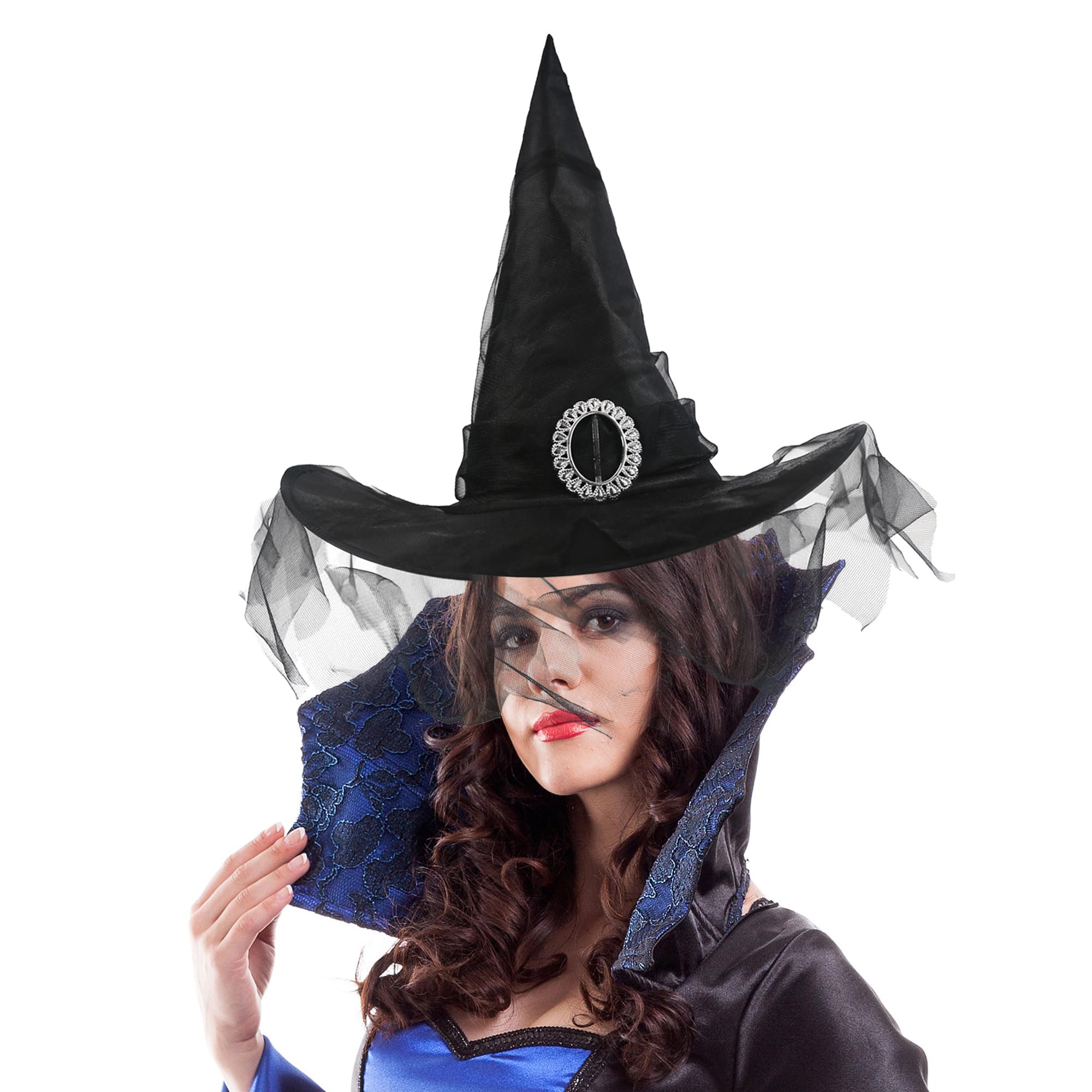 Halloween Deluxe Witch Wizard Hat with Veil. Classic Halloween Witch Hat. Festivals Party Props - Costume Accessory with soft lace
