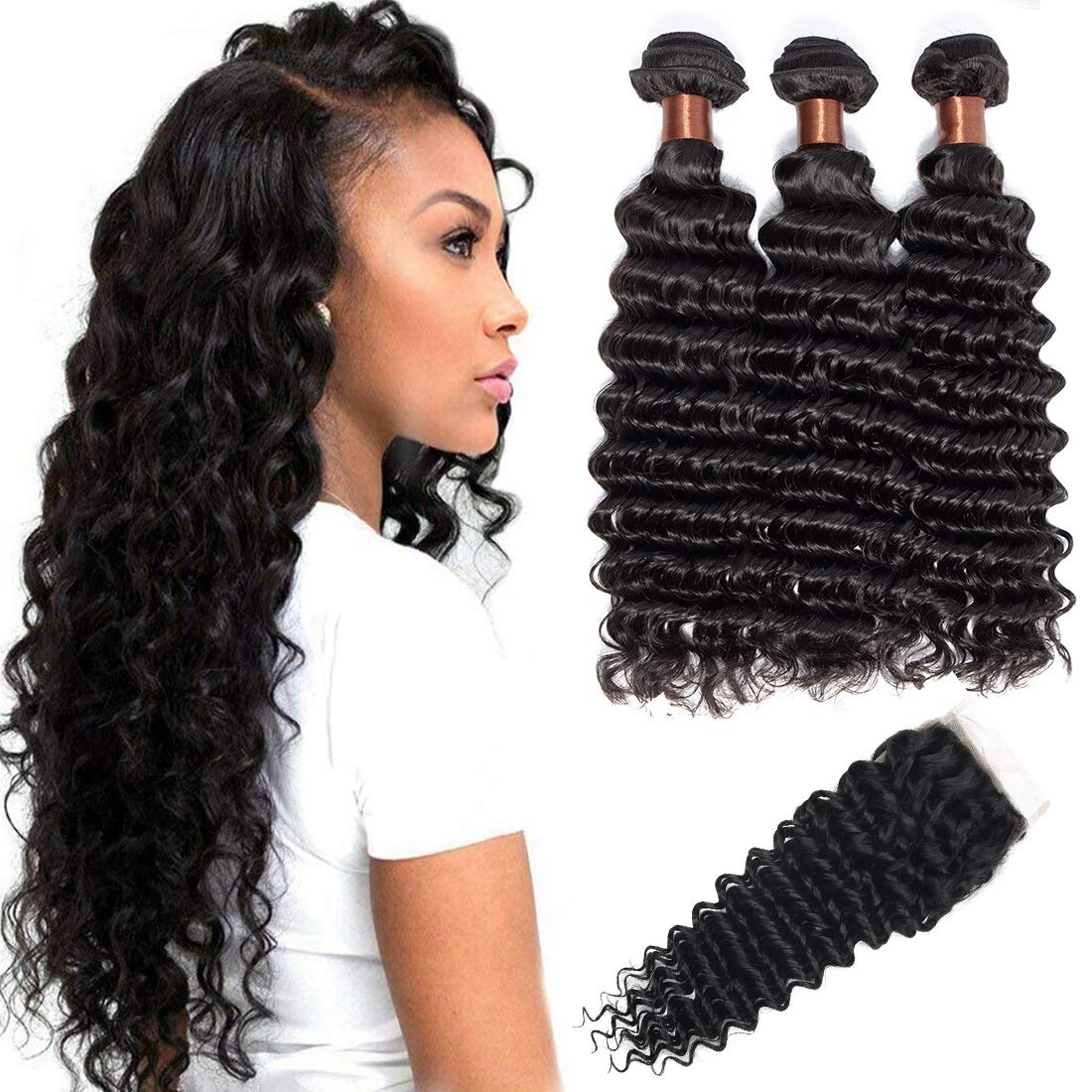 BLACKMOON HAIR Brazilian Deep Wave Hair 3 Bundles With a Free Part Lace Closure 100% Unprocessed Human Hair Weaves With Closure Natural Black Color 18 18 20+16 closure