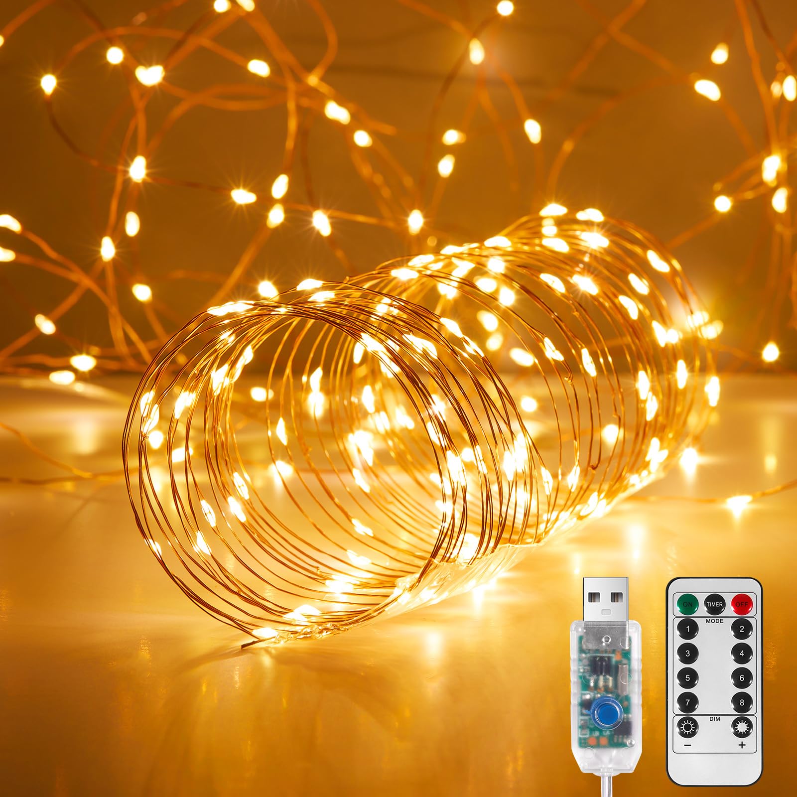 Ariceleo Fairy Lights 10M. 100 LED USB Twinkle String Lights - Copper Wire, Remote & Timer, 8 Modes, Waterproof, Warm White Starry Lights for Party, Wedding, Christmas (1 Pack)
