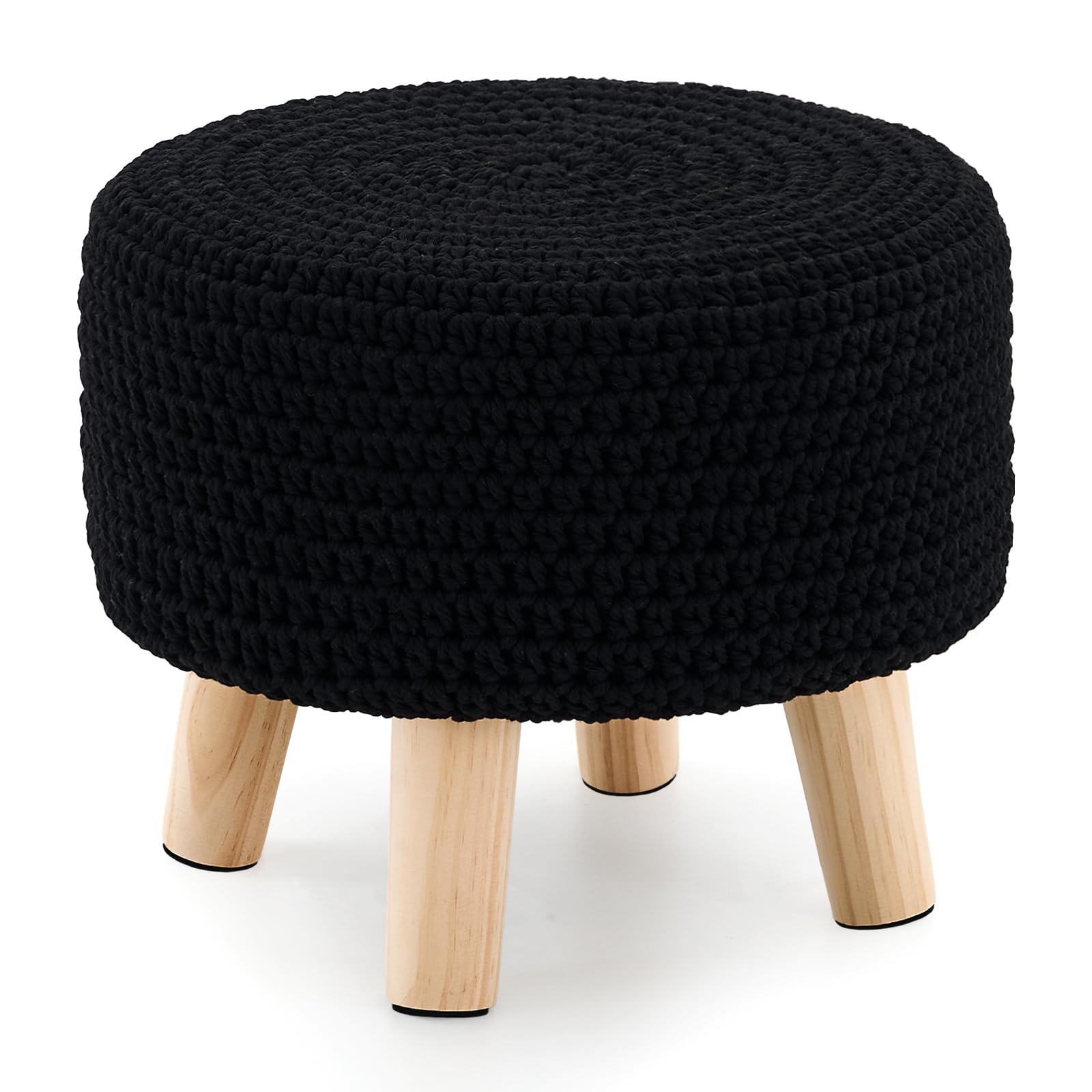 Photo 1 of LGENHOOM Boho Ottoman Foot Stool Cotton Knitted Round Pouf Ottoman Foot Rest Stool with Non-Skid Wooden Legs Step Stool Padded Seat for Living Room Black