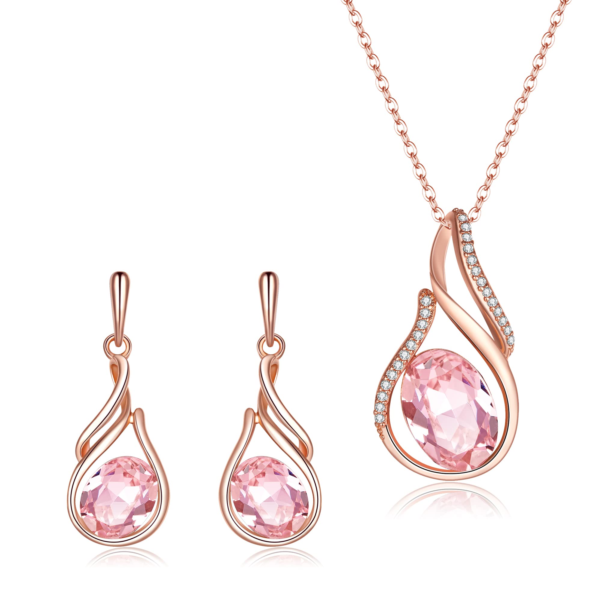Clearine Austrian Crystal Flower Bud Teardrop Rhinestone Pendant Necklace Earrings Set Wedding/Birthday/Valentines Day/Christmas/Mothers Day Jewellery Gift for Women Pink Rose-Gold-Tone