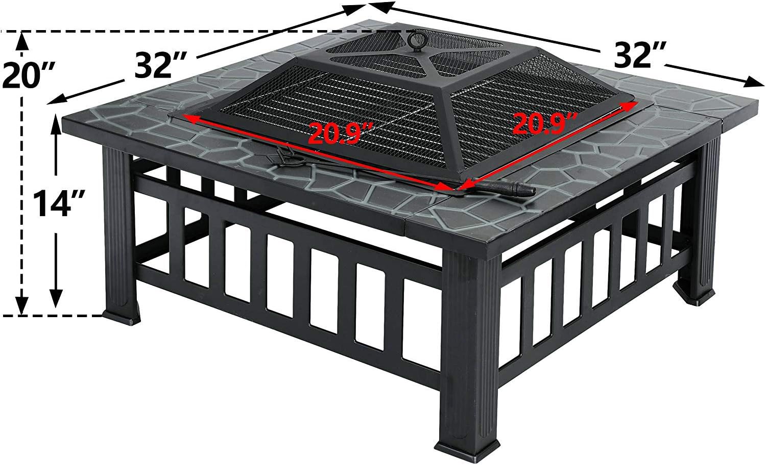 ZENY Outdoor 32’’ Metal Fire Pits BBQ Square Table Backyard Patio Garden Stove Wood Burning Fireplace with Spark Screen Cover, Poker, Cover, Grill : Garden & Outdoor