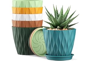 UOUZ 4 Inch Small Pots for Plants, 6 Pack Waffle Texture Small Plant Pots for Succulents, Plastic Planter with Drainage Holes and Saucers for Indoor Outdoor Plants, Flowers, Herbs, Seedlings, Colorful