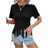 Floerns Women's Short Sleeve Tee Tops Asymmetrical Fringe Trim Casual T Shirts