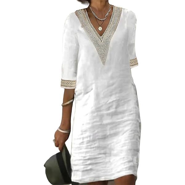 ZOCANIA Linen Dress Women's Casual V Neck Dress Cotton Midi Dress for Women  Solid Color T Shirt Dress Summer Spring Half Sleeve Knee Length Shift  Dresses,A1-White,S at Amazon Women's Clothing store