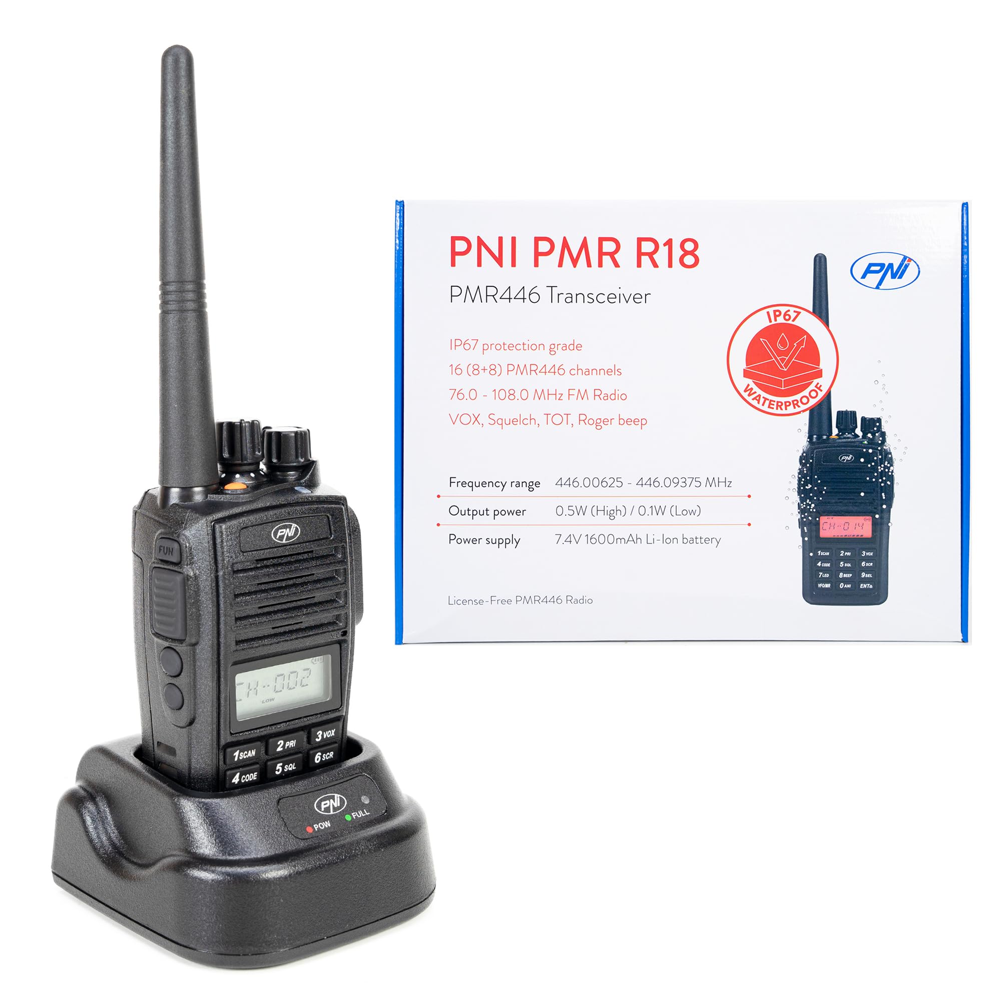 Portable radio station PNI PMR R18, 446MHz, 0.5W, 8CH, CTCSS, DCS, FM Radio, programmable, Waterproof IP67