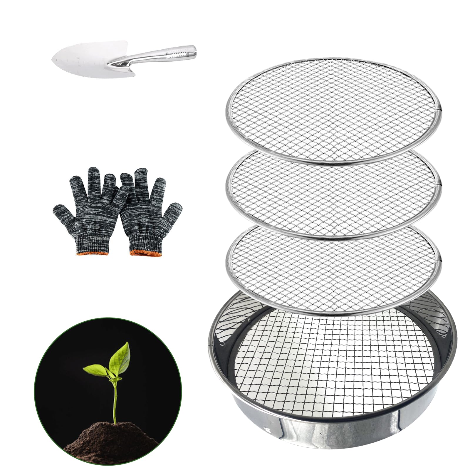 Round Stainless Steel Garden Sieve with Scoop, Gloves, Replacement Sieve, Filtering 3 Types of Sand Diameter 3.6.9 cm, Garden Sieve for Sowing Soil, Sand, Pumice