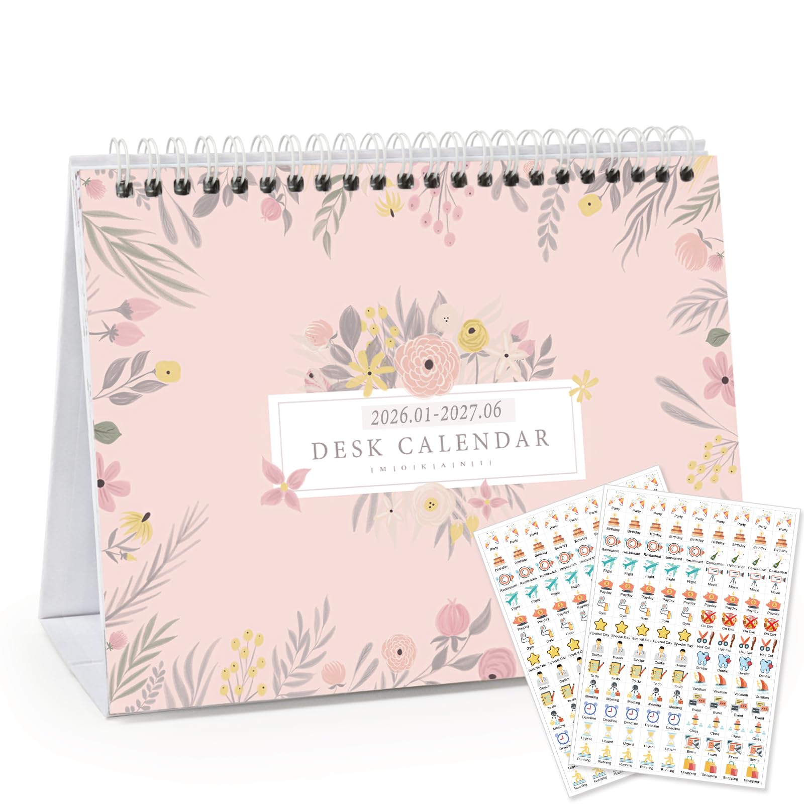 MOKANI Desk Calendar 2026-2027, Small Standing Desktop Calendar (Jan.2026-Jun.2027), Academic Monthly Planner with 234 Stickers and Multi-country Holidays Marked- 20.5 X15cm