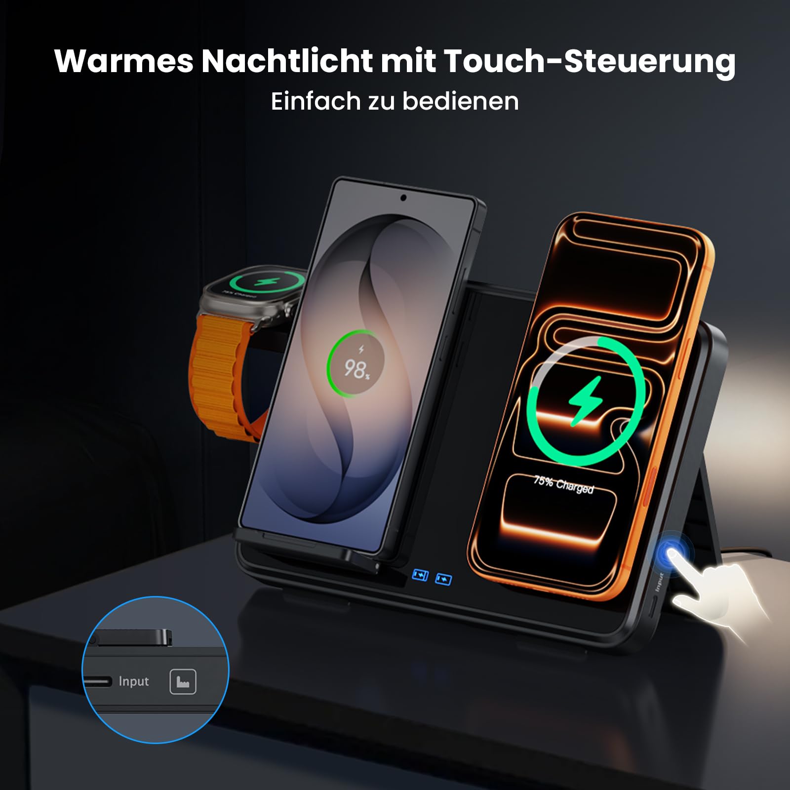 Dual Induktive Ladestation für iPhone & Samsung – Faltbarer 4-in-1 Wireless Charger mit Nachtlicht für Apple Watch & AirPods, reisefreundlich, inkl. PD 30W Adapter, Schnellladen kompatibel 6