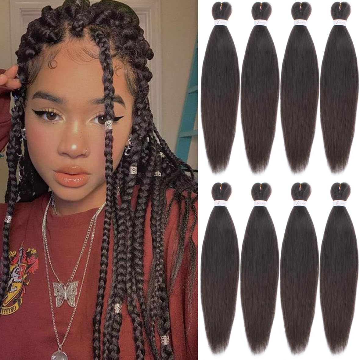 Leeven 8 Packs Pre Stretched Braiding Hair Extension 26'' Yaki Straight Texture Easy Braid Profession Braids for Making Jumbo Braid Hair Pre-stretched Synthetic Hair Extension /26 Inch 4#