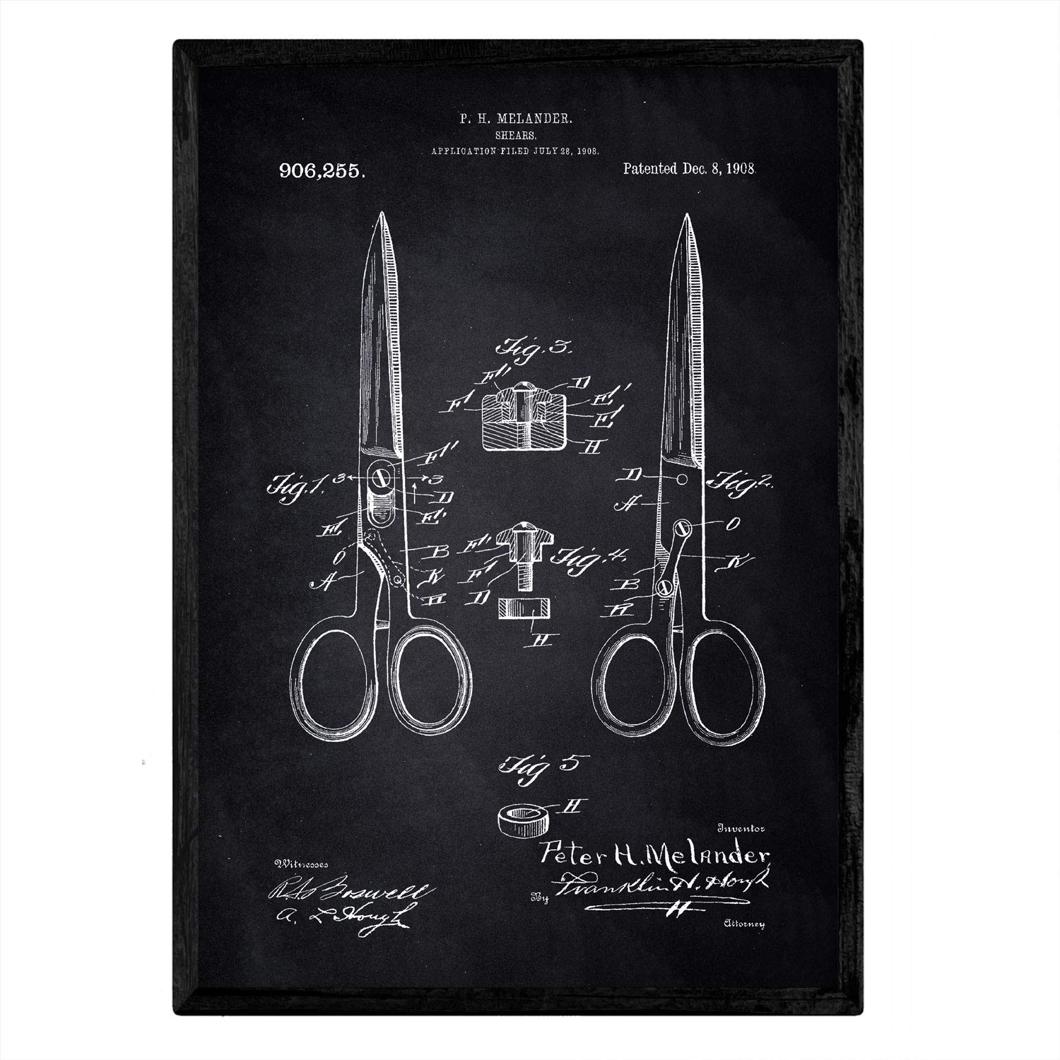 Nacnic Poster patent scissors. Sheet with old design patent A3 size with black background