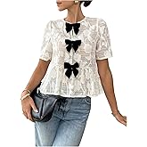 GORGLITTER Women's Floral Peplum Tops Bow Sheer Short Sleeve Blouses Dressy Cute Babydoll Tops Summer Going Out Outfits