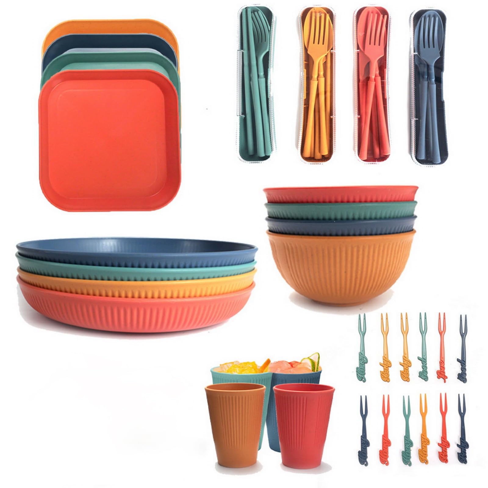 BERRYLION 48Pcs Plastic Dinnerware Sets for 4, Unbreakable Colorful Dinner Dishes, Reusable Lightweight Serving Plates Bowls Cups Forks Tableware Set, Perfect for Camping, Picnic, RV, Parties, BBQ