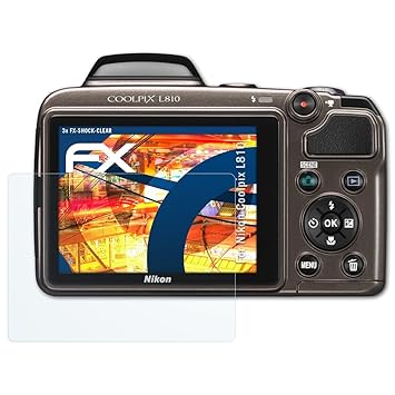 atFoliX Schutzfolie kompatibel mit Nikon Coolpix L810 Panzerfolie, ultraklare und stoßdämpfende FX Folie (3X)