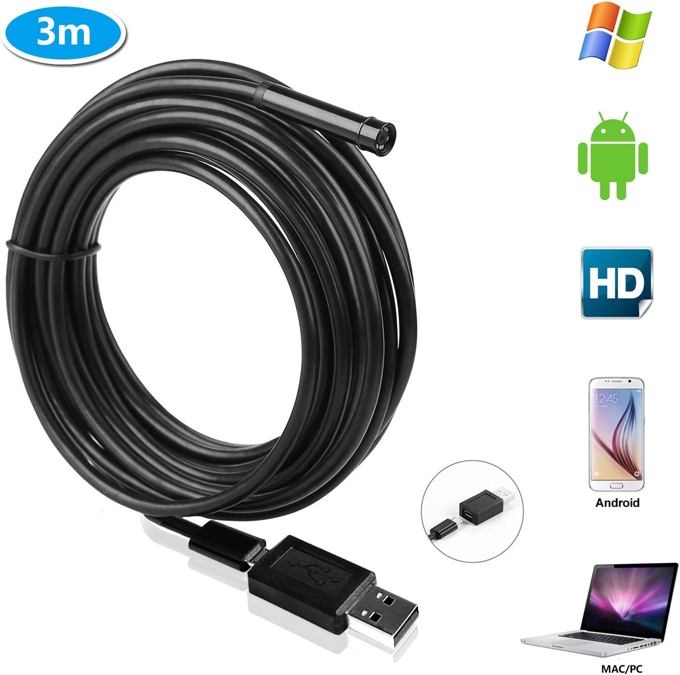 Borescope MAXFUL Pipe Snake Endoscope Inspection Camera 2 To 1 USB Android Smartphone/Mac/PC/Laptop/Computer OTG 3 Meter 6-LED HD Video IP67 Handheld Digital Waterproof