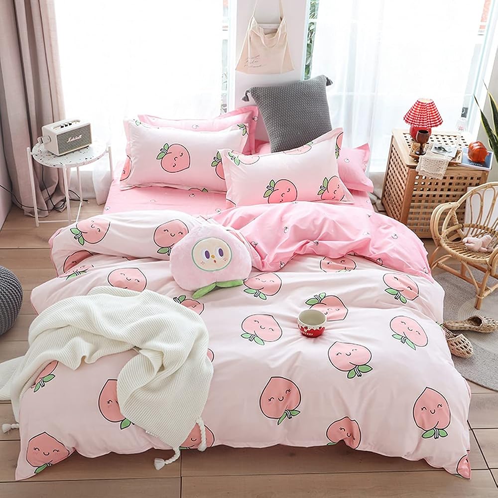 Loussiesd Cartoon Peach Comforter Cover Set Kid Bedding 3Pcs Microfiber