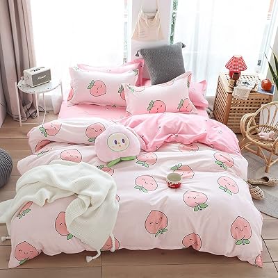Loussiesd Cartoon Peach Comforter Cover Set Kid Bedding 3Pcs Microfiber