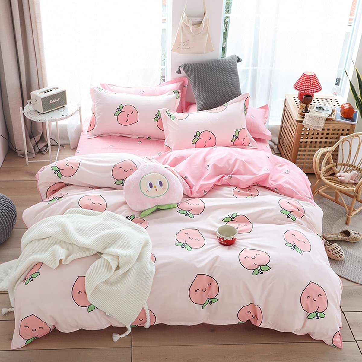 Loussiesd Cartoon Peach Comforter Cover for Kids Boys Girls Tropical Fruit Bedding Set Cute Nature Theme Bedding Collection Quilt Cover Bedroom Decor 3Pcs King Size Microfiber Zipper