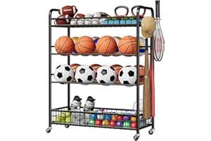 Garage Sports Equipment Organizer - Rolling Ball Storage Bin with Wheels, Garage Sports Gear Rack Outdoor Basketball Racks fo