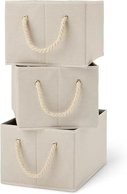 Lot de 3 bacs de rangement pliables avec poignées en corde, lin, Taille L