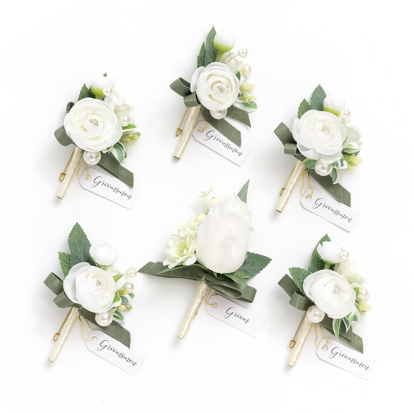 Photo 1 of Ling's Moment Boutonniere for Men, 6pcs Groom Groomsmen Boutonniere, Artificial Flowers for Wedding Decor/Prom/Homecoming, etc.White Ranunculus Pearl