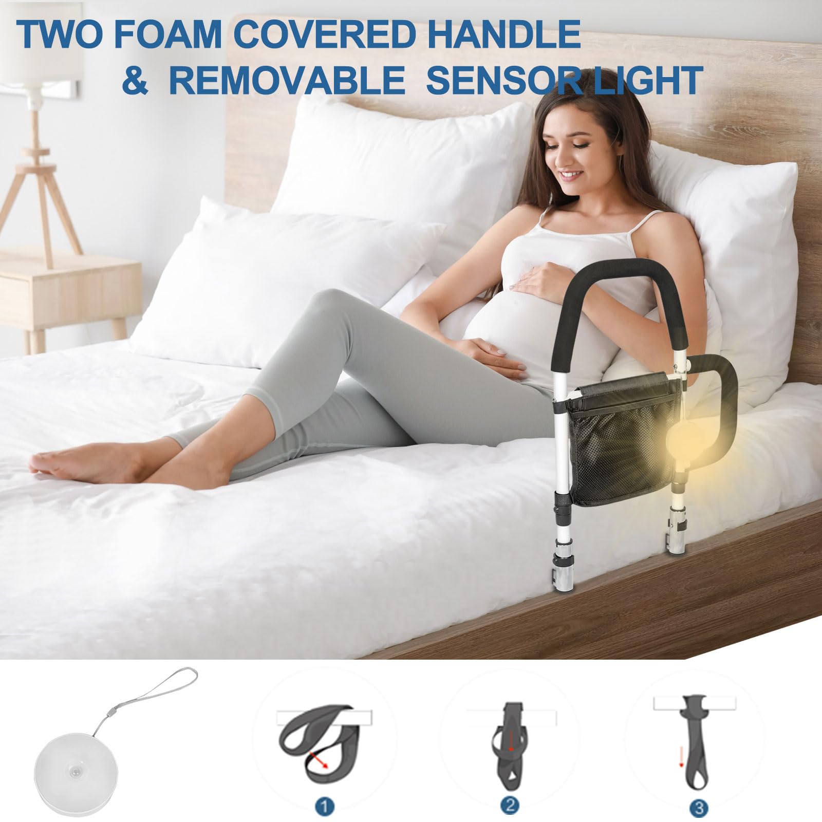 HEPO Bed Rails for Elderly Adults Safety with Motion Sensor Light & Double Foamed Grab Bars, Bed Rail with Storage Bag for Fall Prevention, Fit King, Queen, Full, Twin Bed, Getting in & Out of Bed
