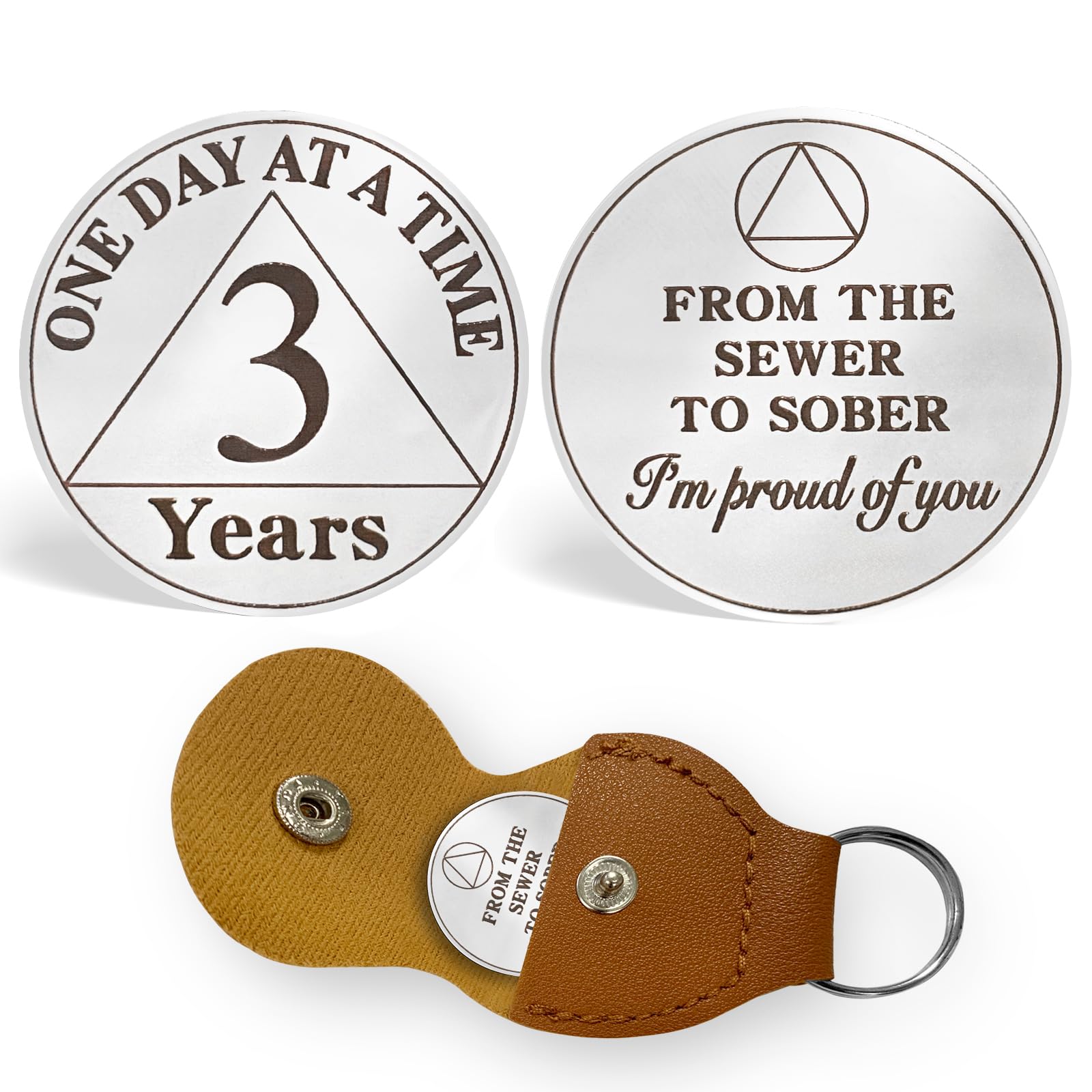 ACGZQY 3 Year Sobriety Coin - One Day at A Time AA Cions and Medallions Alcoholics Anonymous Sobriety Chip Triplate Recovery Gifts Sober Token with PU Leather Keychain