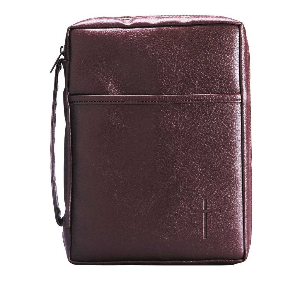 Burgundy Embossed Cross with Front Pocket Leather Look Bible Cover with Handle, X-Large
