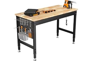 CAMMOO 47.64" Adjustable Heavy Duty Workbench, 2000 LBS Load Capacity Rubber Wood Work Table with Pegboard, Power Outlets, Work Bench for Garage, Workshop, Office, Home, Commercial