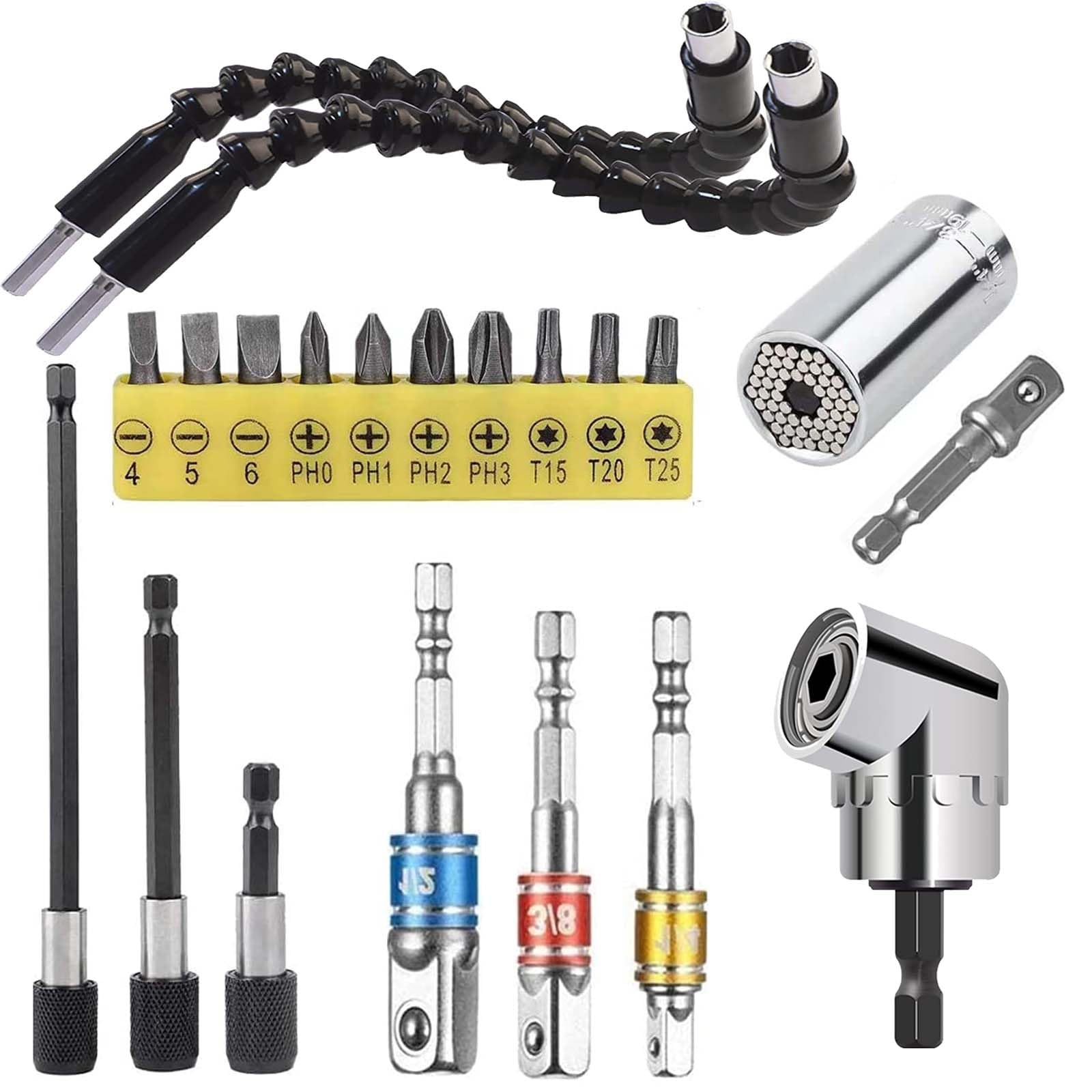 Photo 1 of YENJO 21 Pcs Flexible Drill Bit Extension Set, Include 1/2 3/8 1/4 inch Universal Socket Adapter & 105° Right Angle Drill 3pcs Drill Bit Holder & Universal Socket Grip & Screwdriver Bit Kit (21 Pcs)