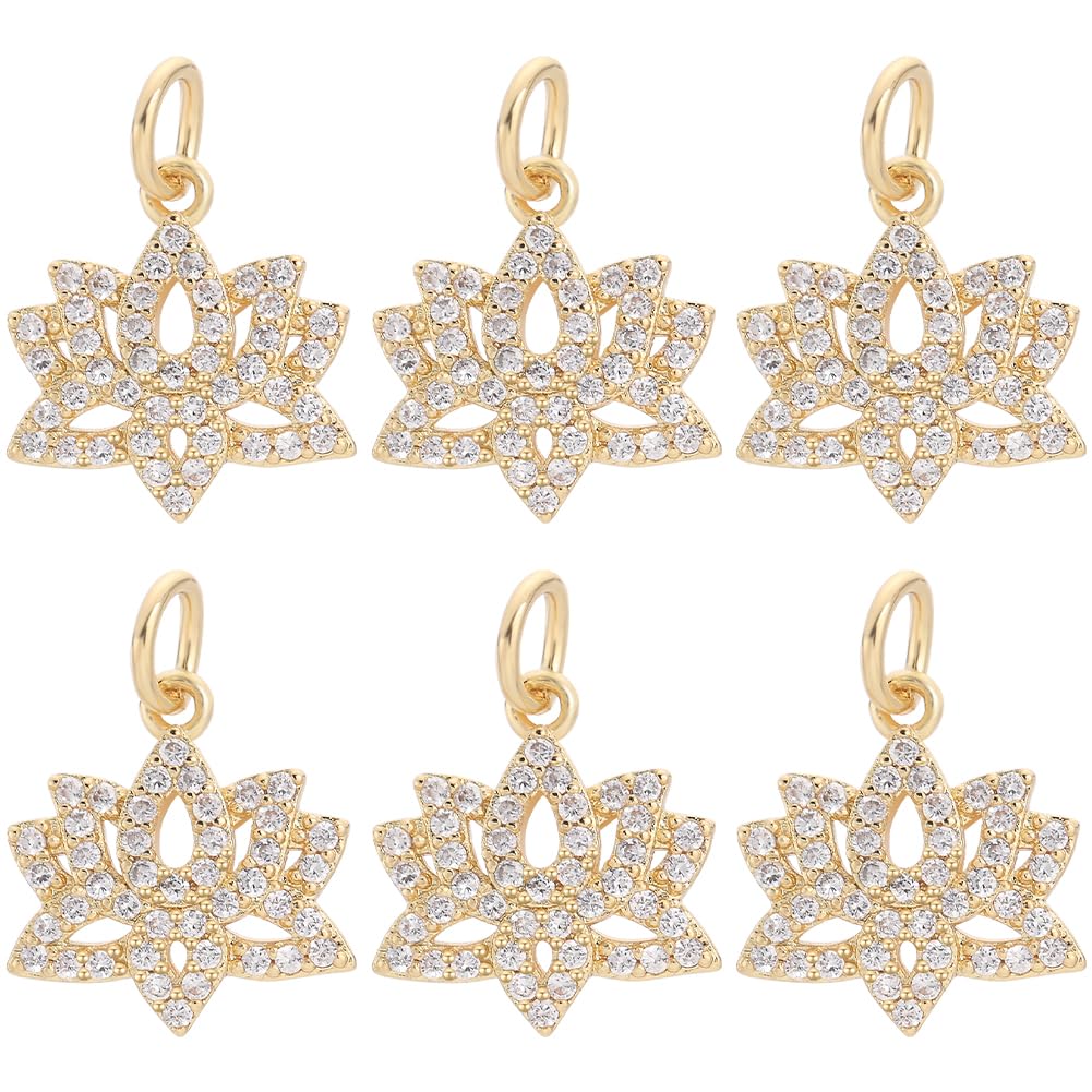 Beebeecraft 1 Box 6Pcs Lotus Flower Charms 18K Gold Plated Brass Cubic Zirconia Flower Yoga Beads Charms Crafts Supplies for DIY Necklace Bracelet Earrings