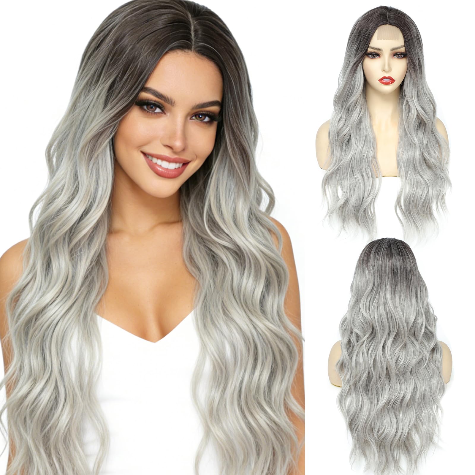 Yamel Hair Wigs Ombre Silver Grey Wig Synthetic Natural Soft Long Hair Wig 26 Inch Adjustable Curly Wavy Middle Part Lace Front Wigs for Women Lady โ image 1