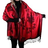 TZ Promise Women Soft Silky Pashmina Reversible Floral Rose Shawl Wrap Scarf w/Fringes