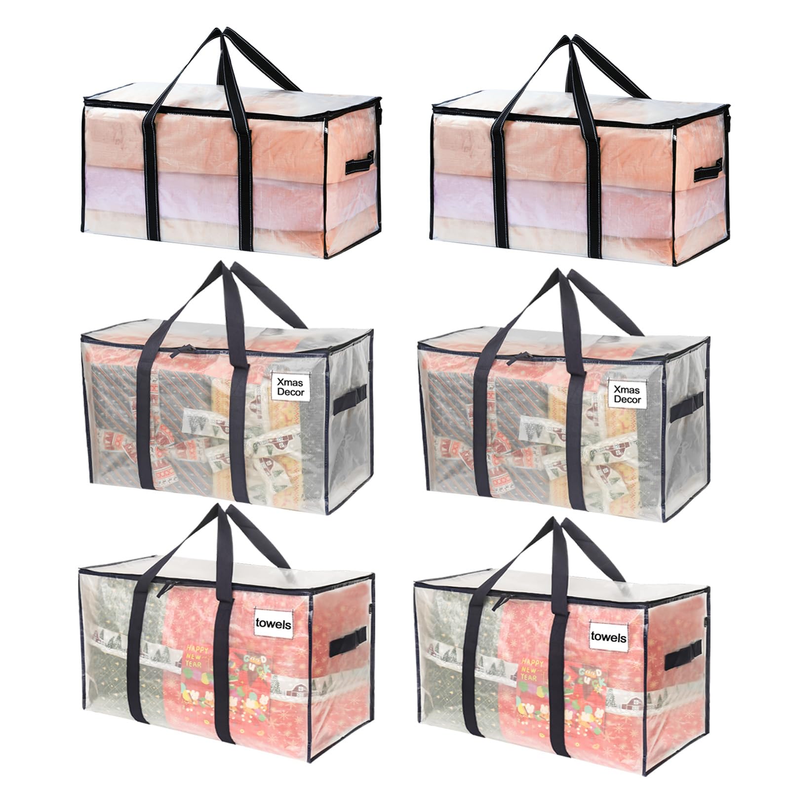 VENO 6 Pack Extra Large Moving Storage Bags with Zips, Heavy-Duty Organizer Tote, Moving Box Alternative, Packing Supply, Clothes Storage Bin, Tag Pocket for Label, Water-Resistant (Clear, 6 Pack)