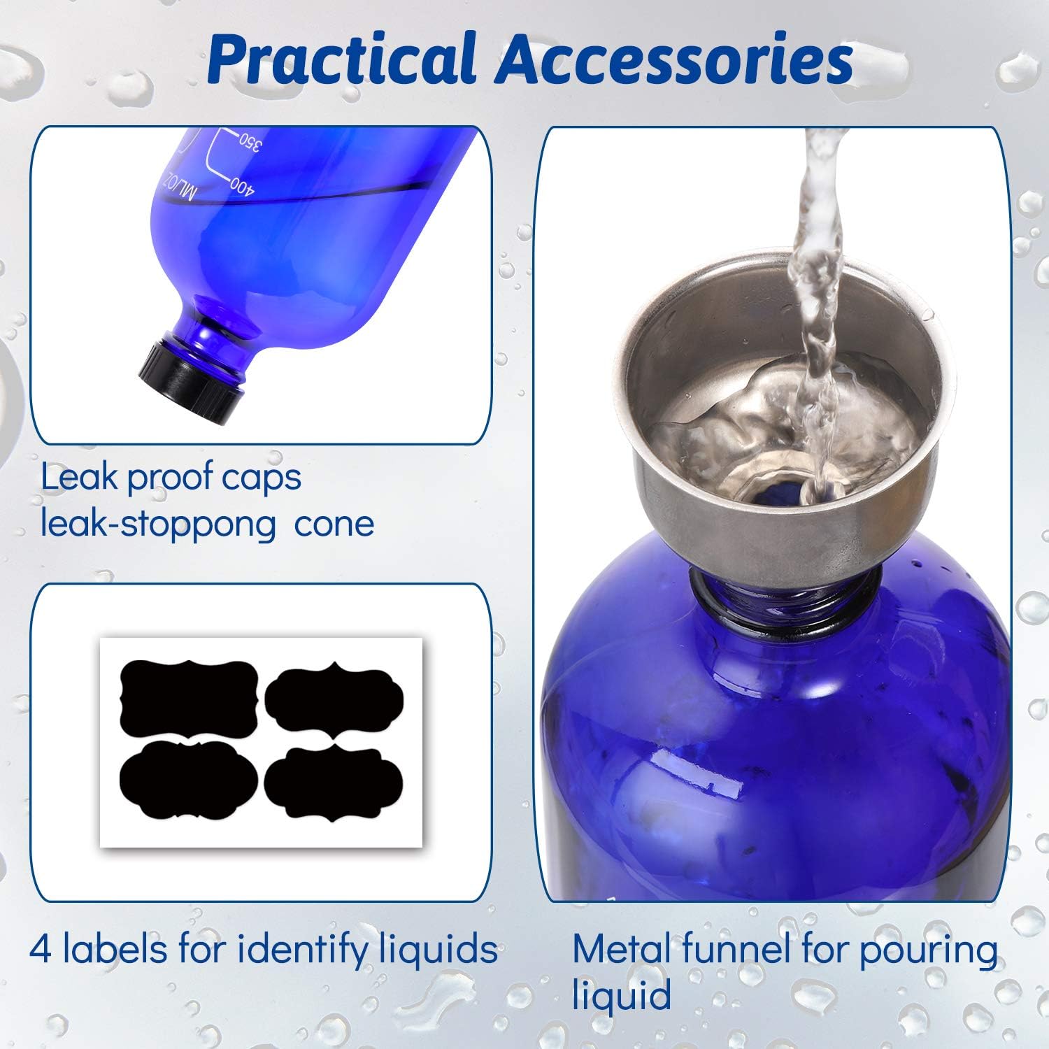 16oz Cobalt Blue Glass Spray Bottles with Measurements - Empty Reusable Refillable Container with Funnel and Labels for Mixing Essential Oils, Homemade Cleaning Products(2 Pack)