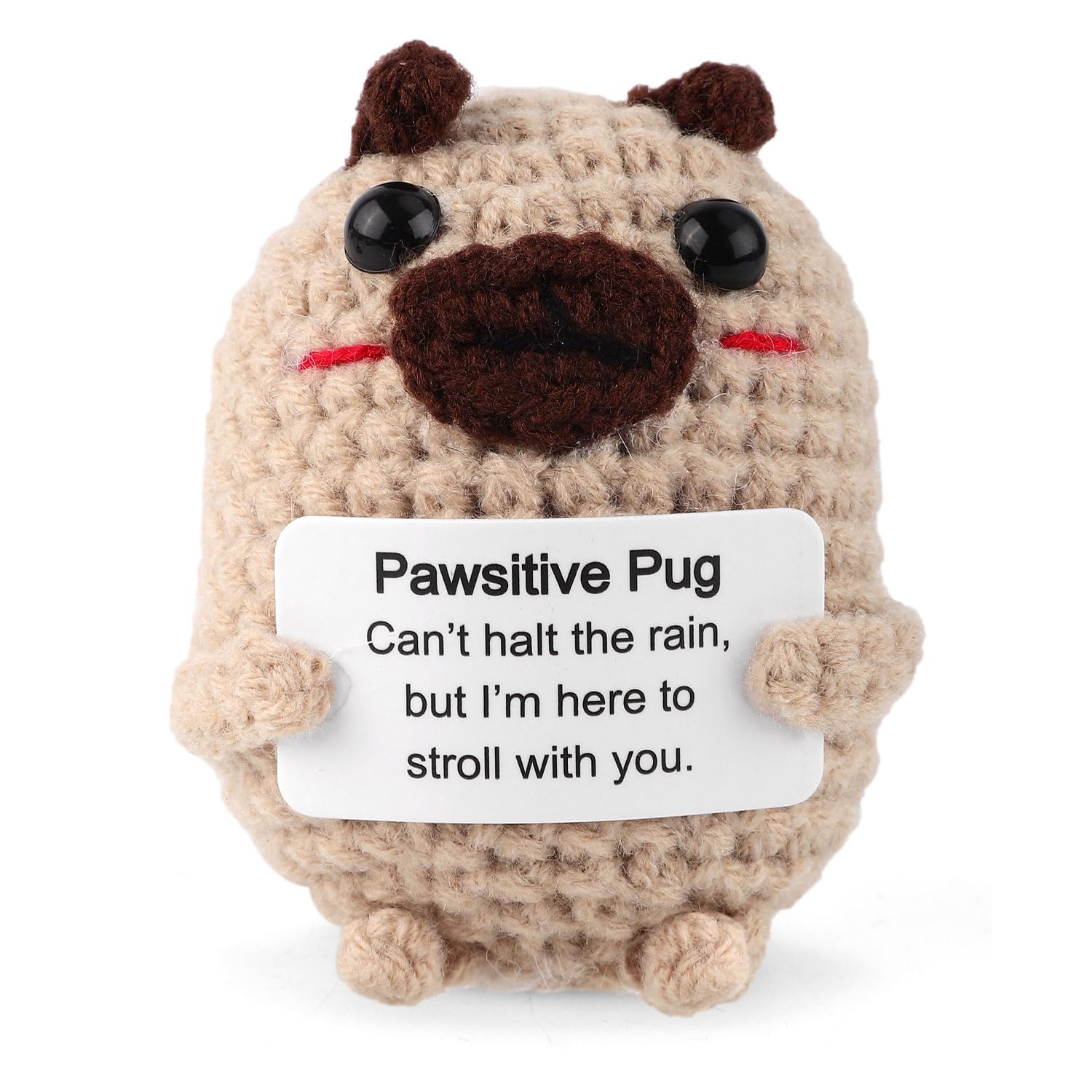 XIHIRCD Positive Crochet Dog Gift, 2.76x2.36in Cute Positive Pug Plush Positive Crochet Animals Knitted Dog Toys with Encouragement Card Emotional Positivity Support Gift for Family Friends